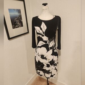 White House Black Market black and white large floral print sheath dress